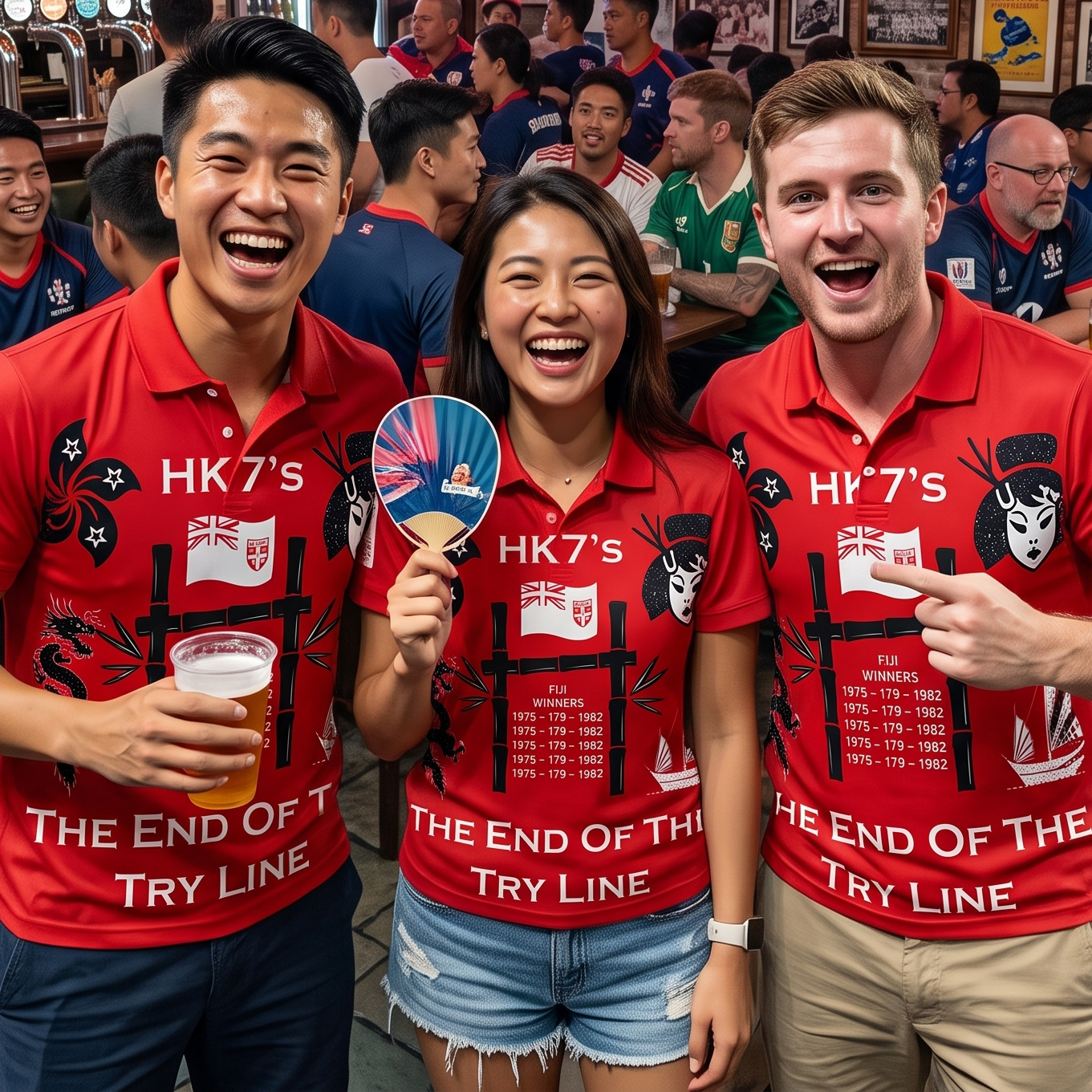 Friends wearing matching red HK 7s tour polos at the Hong Kong Sevens